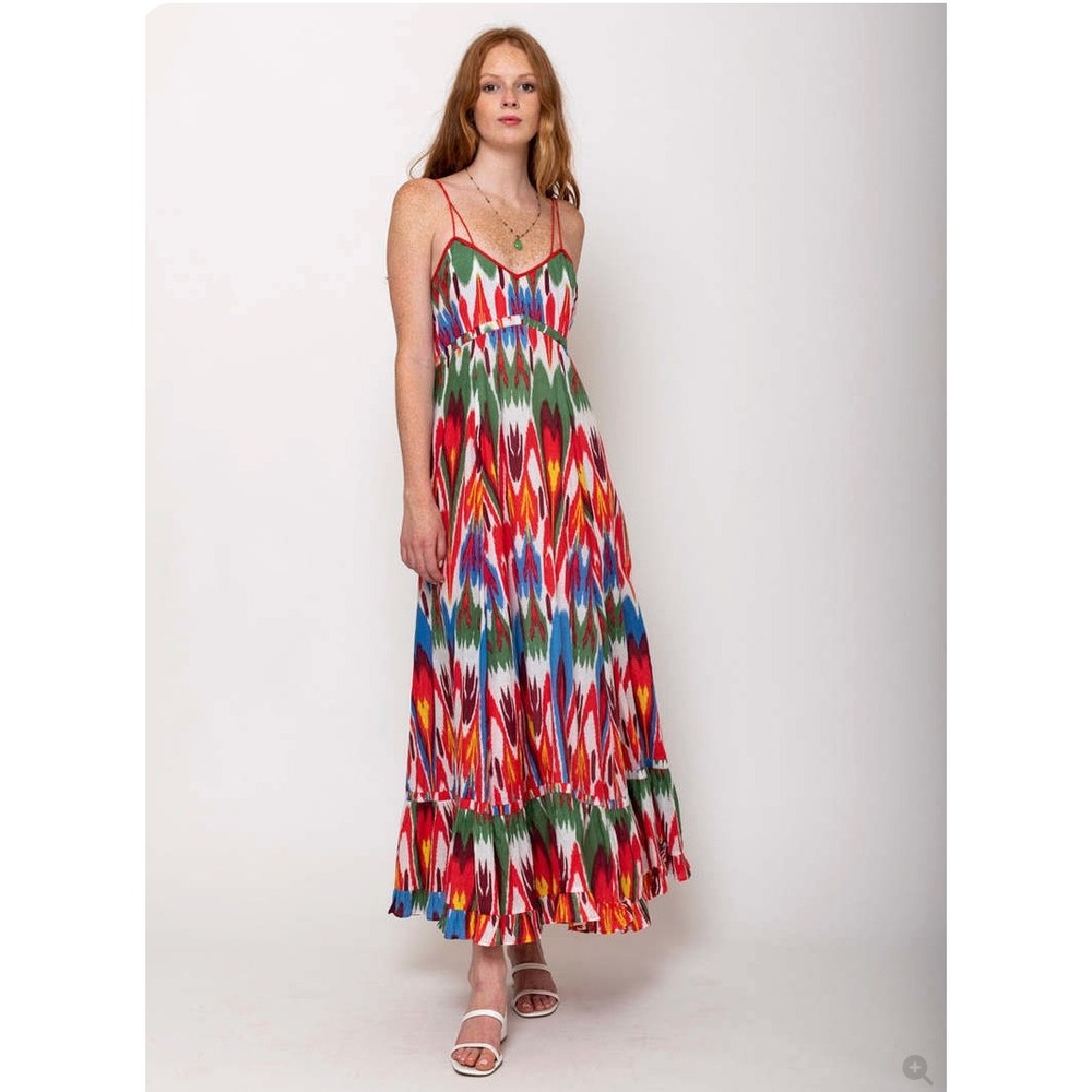 Guadalupe Design Amira Maxi Dress Multi Color Cotton Boho Ruffle Hem Small